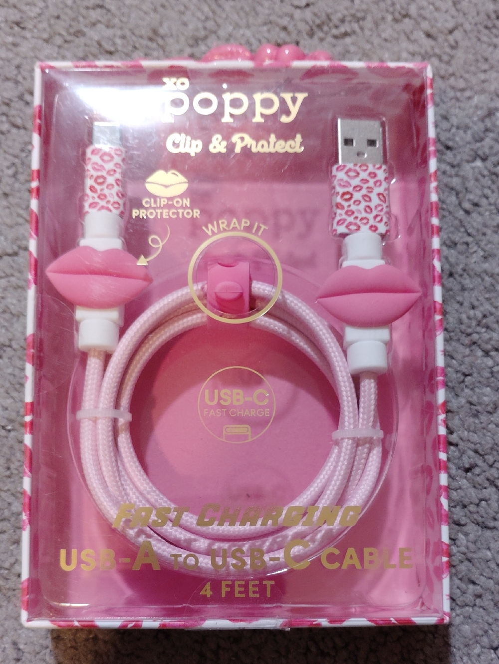 xo poppy Pink USB-A to USB-C Fast Charging Cable with Clip-On Protector